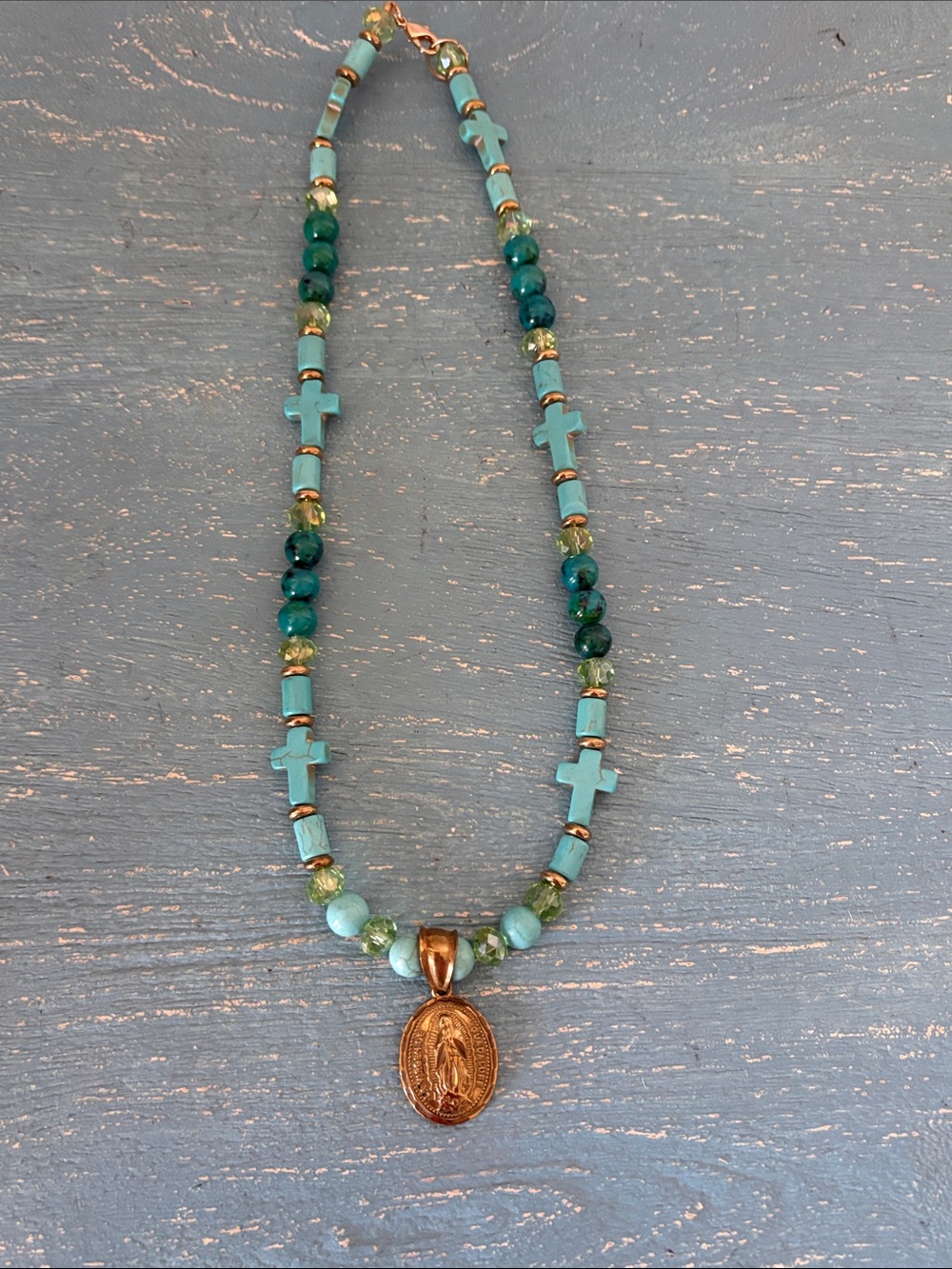Vintage genuine, turquoise, cross, and bead necklace with Swarovski crystal